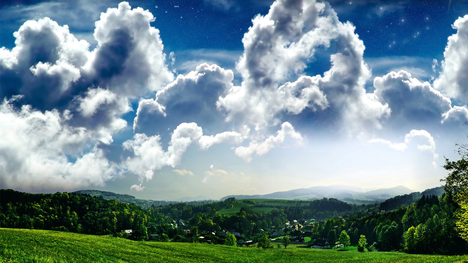 Обои небо, облака, деревья, холмы, the sky, clouds, trees, hills разрешение 1920x1080 Загрузить