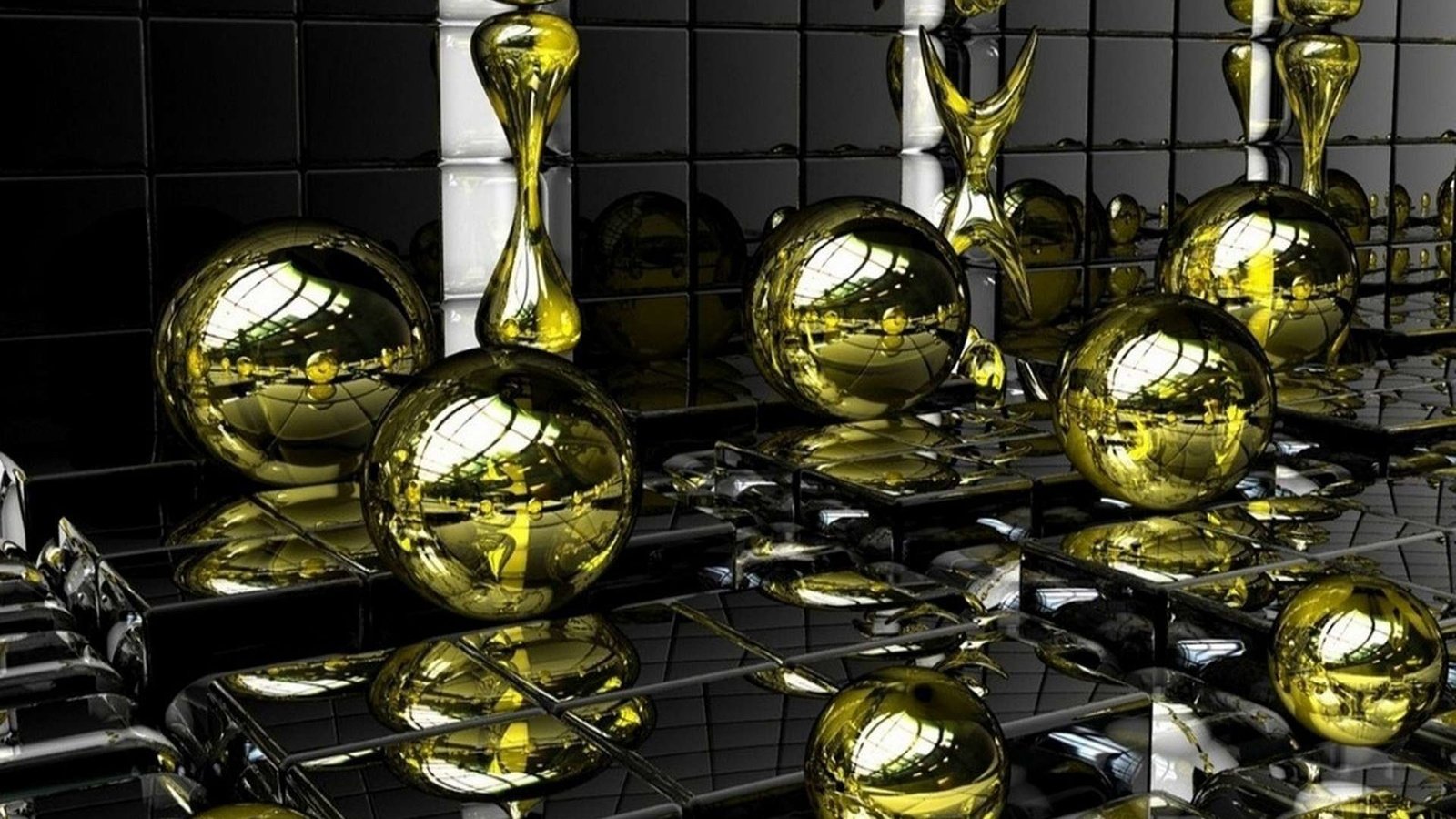 Обои шары, отражение, фигуры, золотые, поверхность, зеркальная, balls, reflection, figure, gold, surface, mirror разрешение 1920x1200 Загрузить