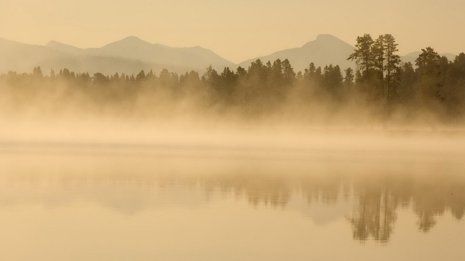 Обои деревья, вода, горы, природа, отражение, туман, trees, water, mountains, nature, reflection, fog разрешение 1920x1200 Загрузить