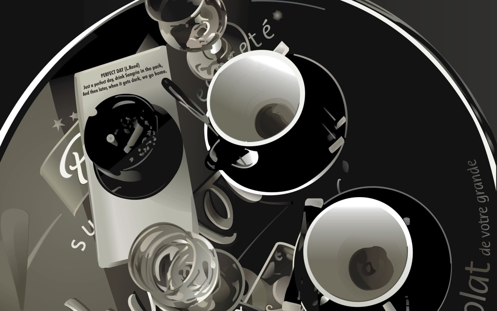 Обои вектор, чёрно-белое, стол, пепельница, бокалы, чашки, vector, black and white, table, ashtray, glasses, cup разрешение 1920x1440 Загрузить