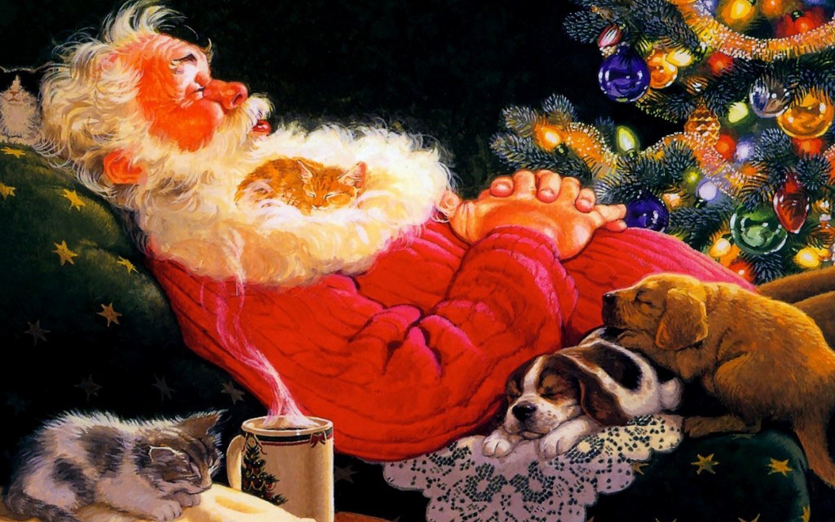 Обои щенки, рисунок, котята, новый год, санта клаус, елка, собачки, зима, котики, спит, дед мороз, кружка, кресло, puppies, figure, kittens, new year, tree, dogs, winter, seals, sleeping, santa claus, mug, chair разрешение 1920x1200 Загрузить
