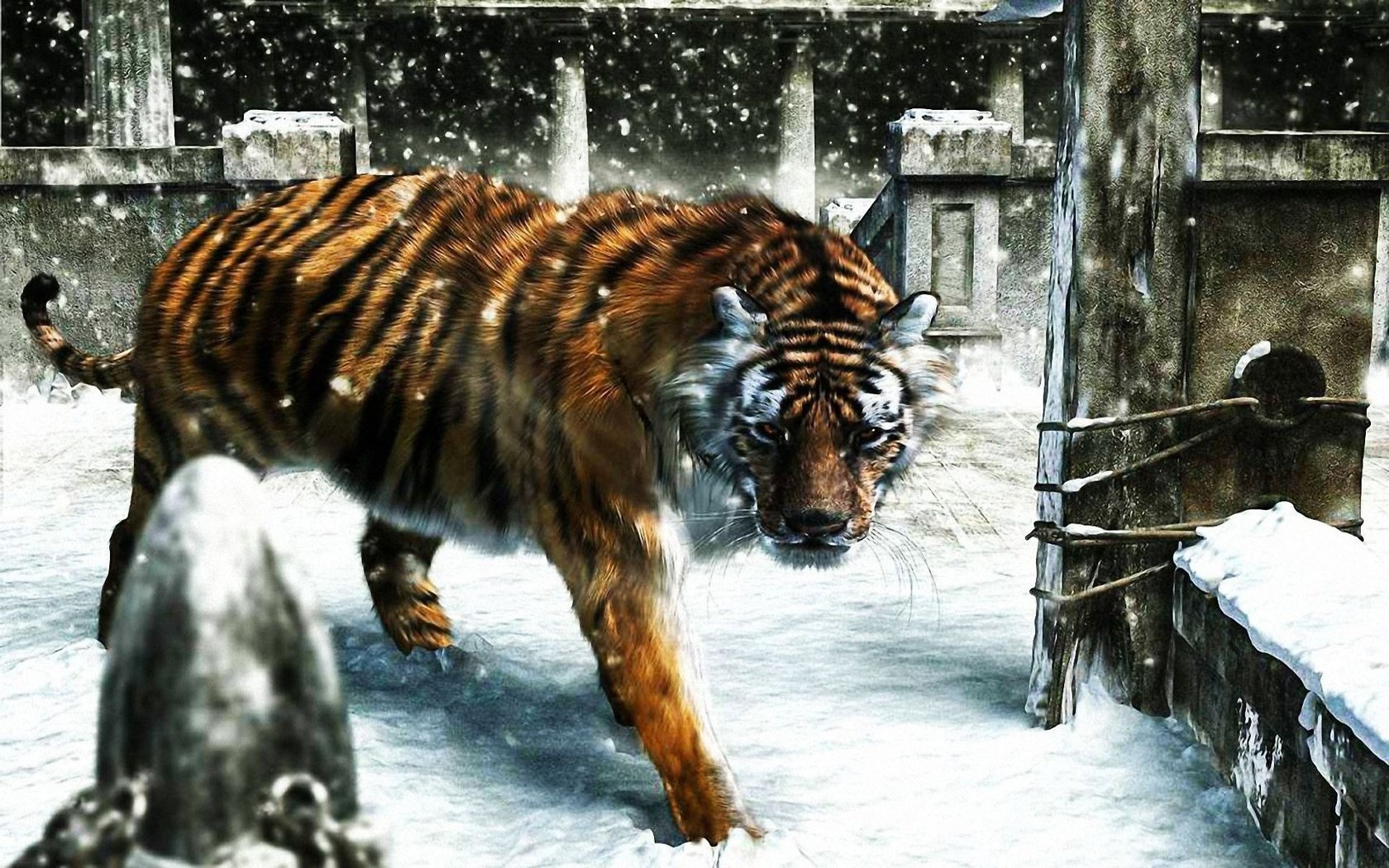 Обои тигр, снег, зима, рендеринг, tiger, snow, winter, rendering разрешение 1920x1200 Загрузить