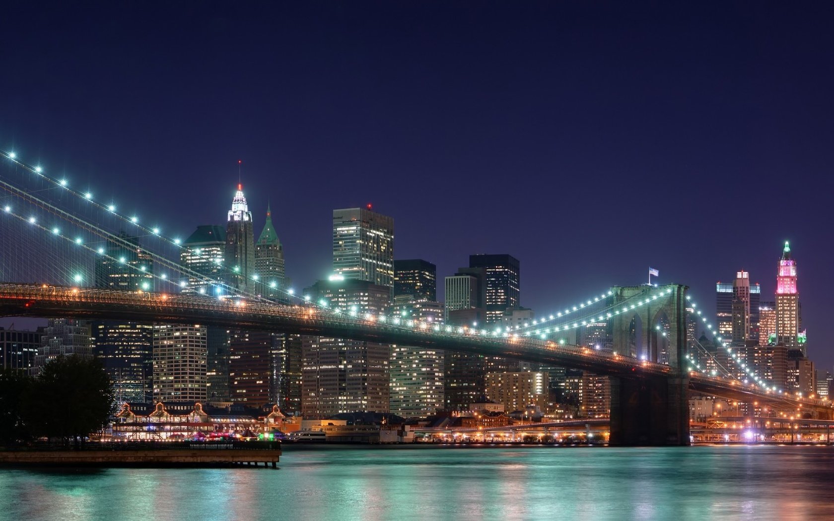 Обои ночь, мост, небоскребы, сша, нью-йорк, бруклинский мост, night, bridge, skyscrapers, usa, new york, brooklyn bridge разрешение 1920x1080 Загрузить