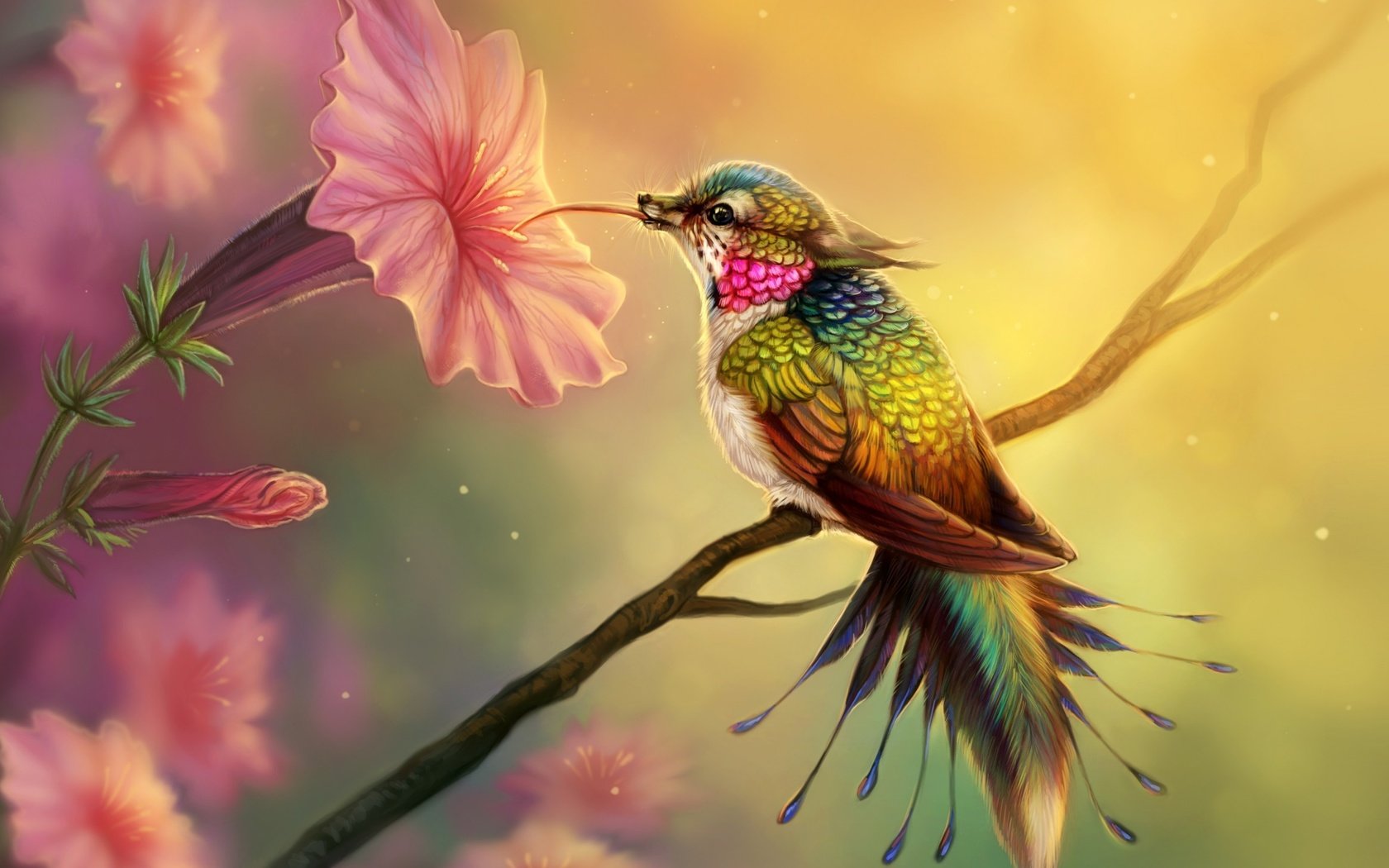 Обои цветы, арт, птица, клюв, перья, колибри, цифровое искусство, flowers, art, bird, beak, feathers, hummingbird, digital art разрешение 2560x1440 Загрузить