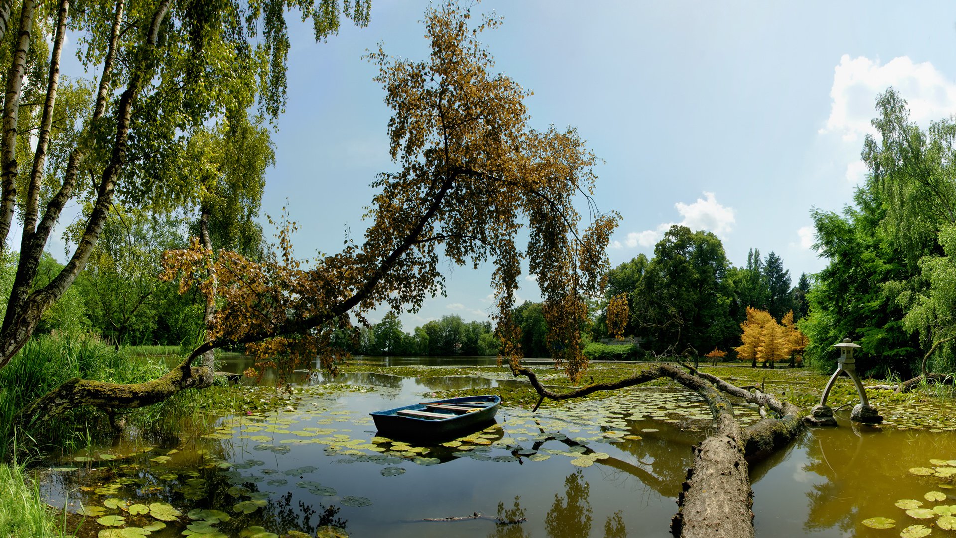 Обои деревья, озеро, лодка, trees, lake, boat разрешение 1920x1200 Загрузить