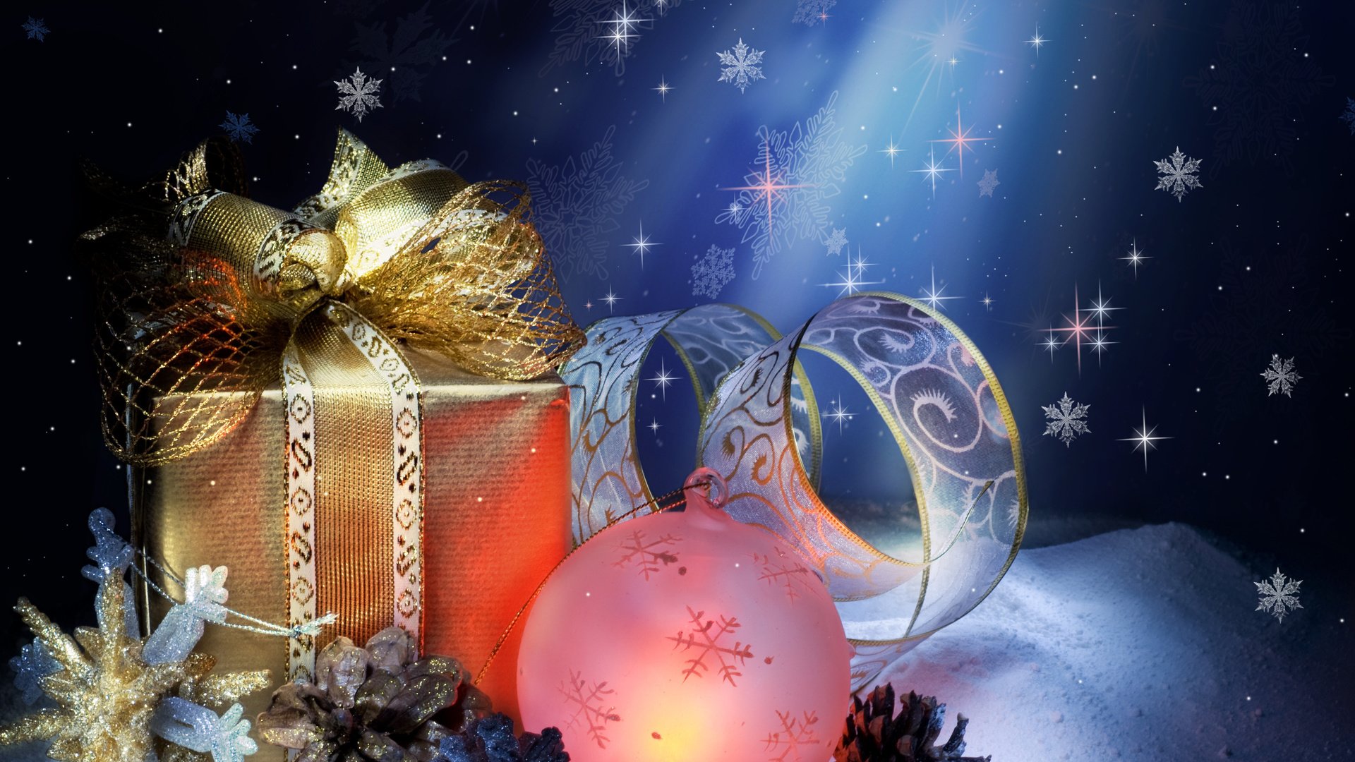 Обои снег, новый год, игрушка, подарок, шишки, новогодний шарик, snow, new year, toy, gift, bumps, new year's eve ball разрешение 3648x3450 Загрузить
