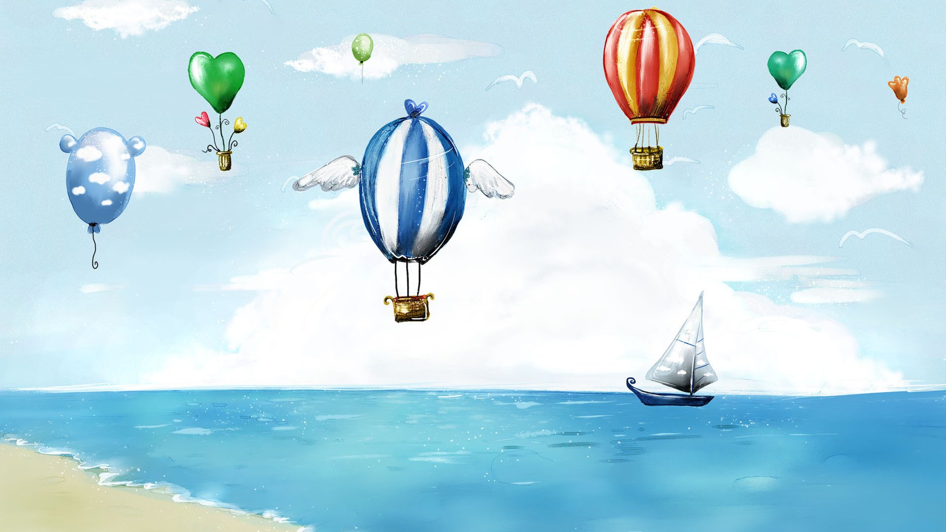 Обои небо, лодка, рисунок, воздушный шар, облака, парус, детская, шары, обои, стиль, море, полет, the sky, boat, figure, balloon, sail, clouds, children's, balls, wallpaper, style, sea, flight разрешение 1920x1200 Загрузить