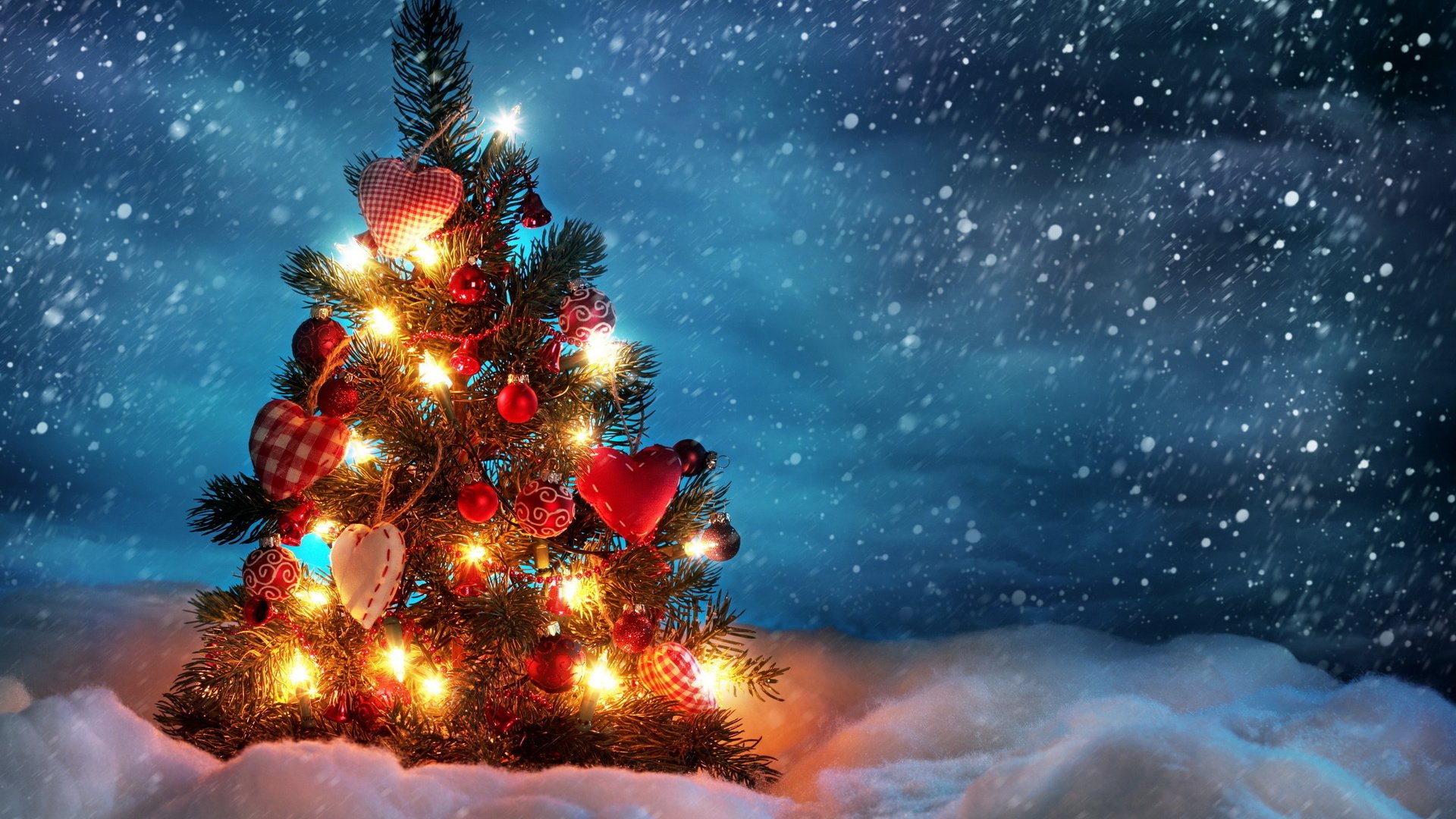 Обои снег, сердечки, новый год, встреча нового года, снегопад, елка, шары, украшения, зима, ель, игрушки, snow, hearts, new year, snowfall, tree, balls, decoration, winter, spruce, toys разрешение 1920x1200 Загрузить