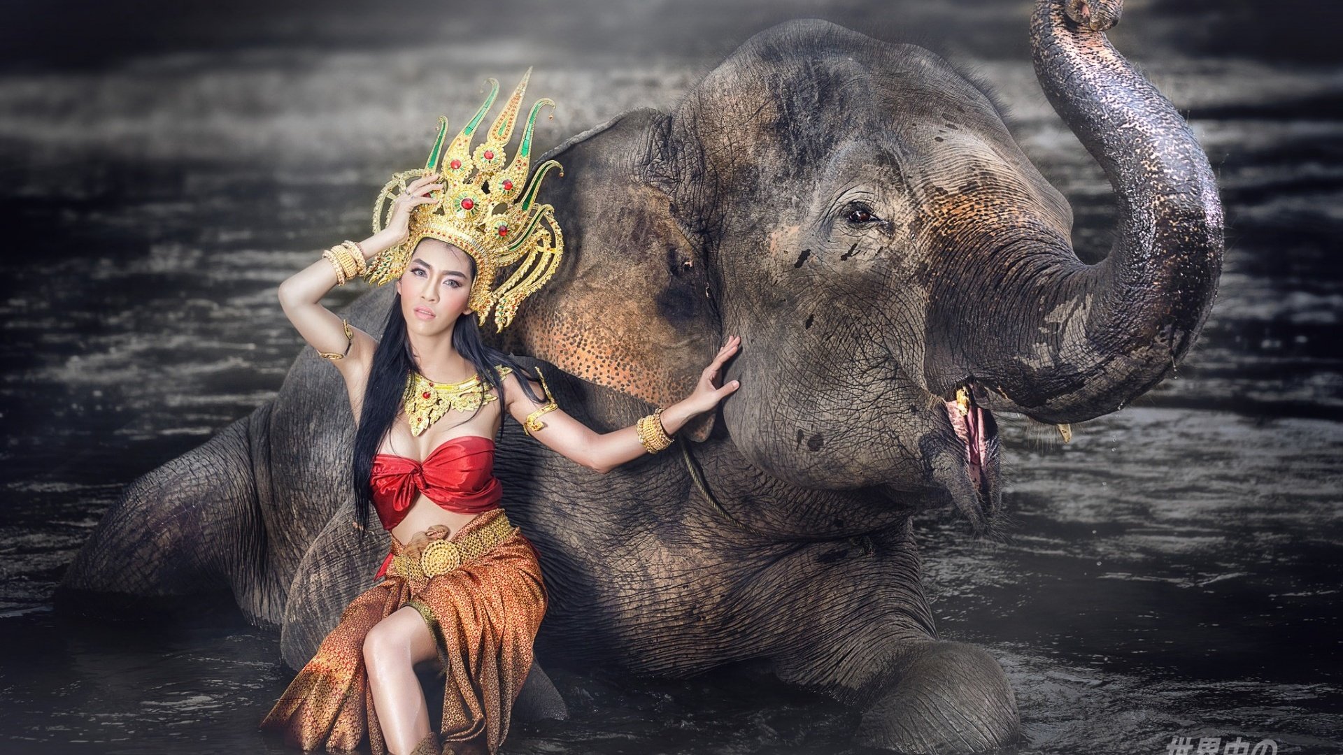 Обои вода, стиль, девушка, слон, наряд, азиатка, water, style, girl, elephant, outfit, asian разрешение 1920x1200 Загрузить