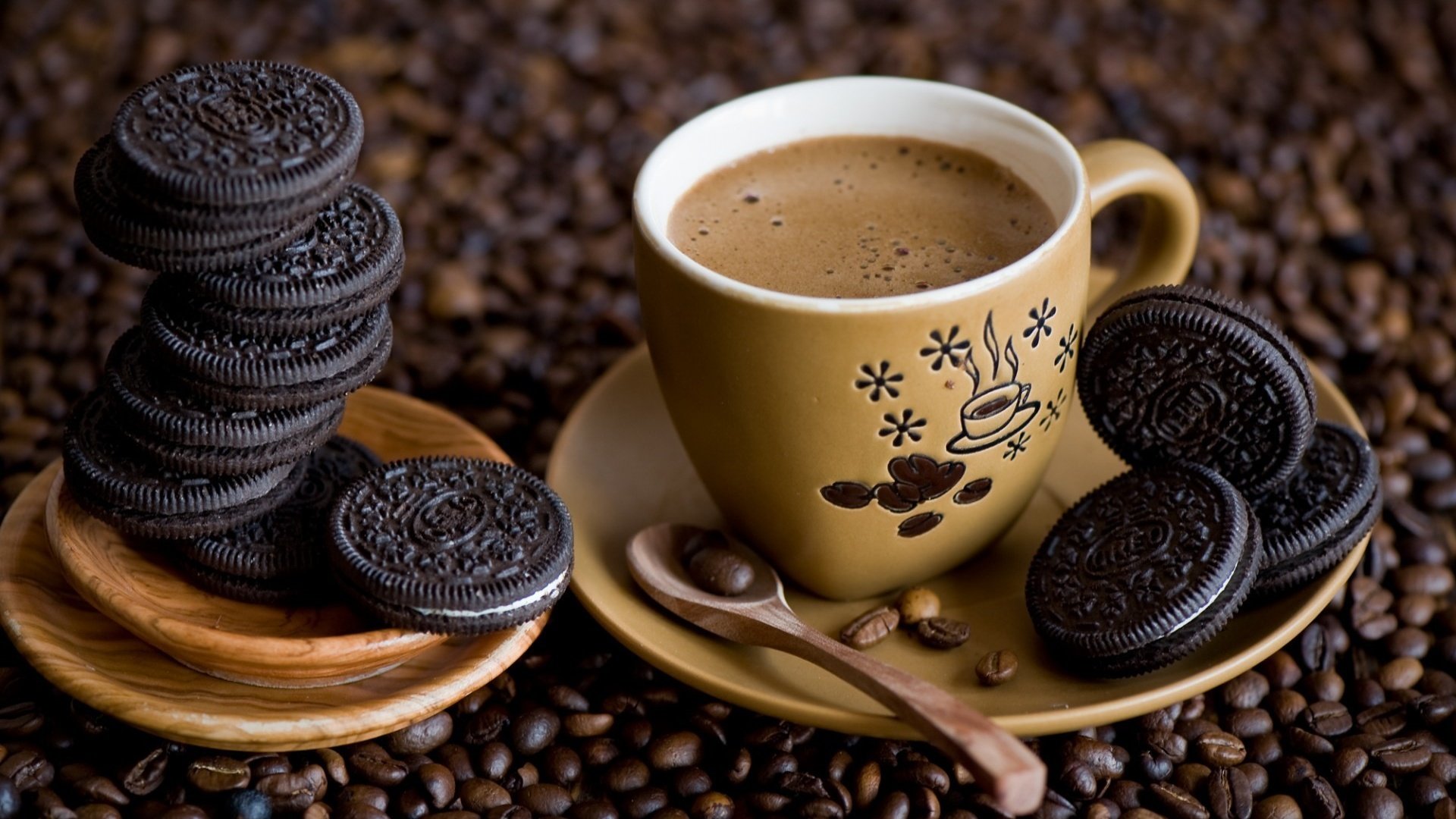 Обои кофе, чашка, кофейные зерна, печенье, ложка, coffee, cup, coffee beans, cookies, spoon разрешение 1920x1200 Загрузить