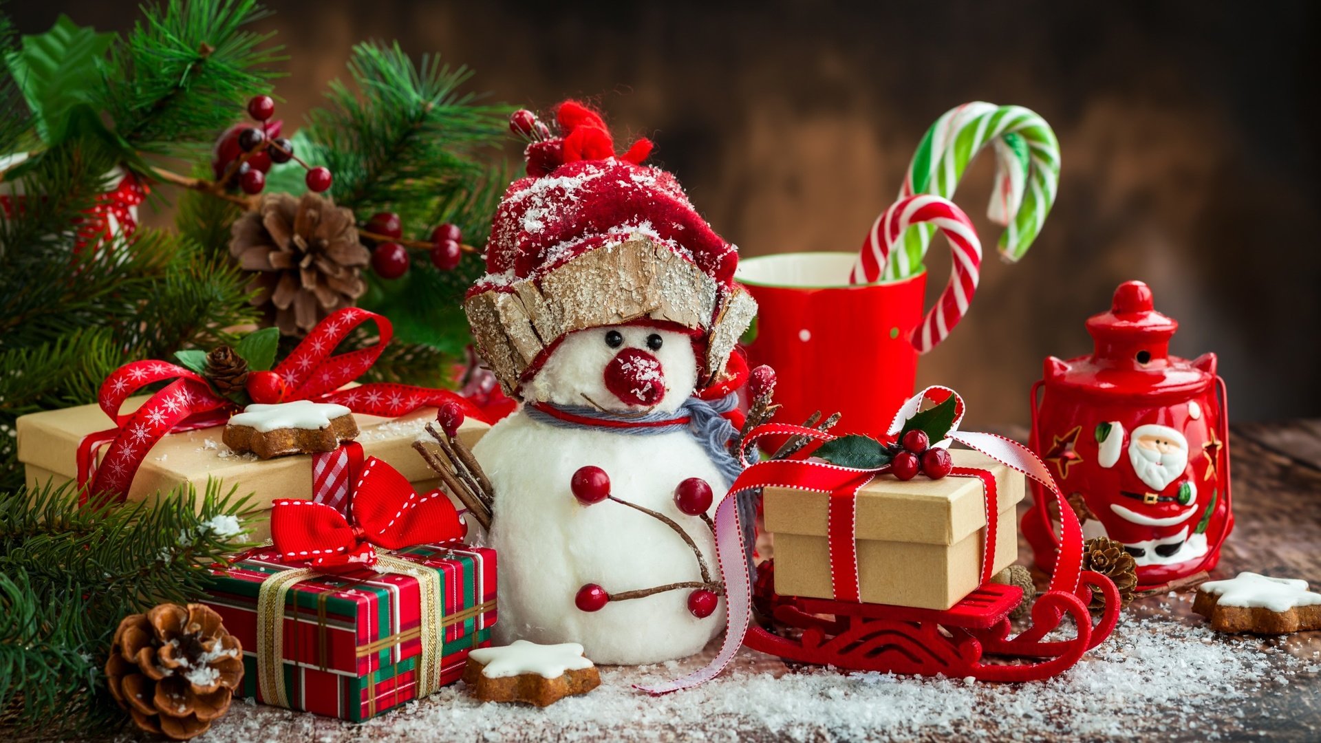 Обои новый год, подарки, снеговик, рождество, шишки, new year, gifts, snowman, christmas, bumps разрешение 2880x1800 Загрузить