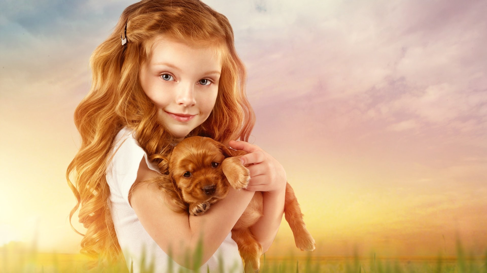 Обои фон, ребенок, взгляд, собака, рыжая, девочка, щенок, волосы, лицо, background, child, look, dog, red, girl, puppy, hair, face разрешение 4824x3216 Загрузить