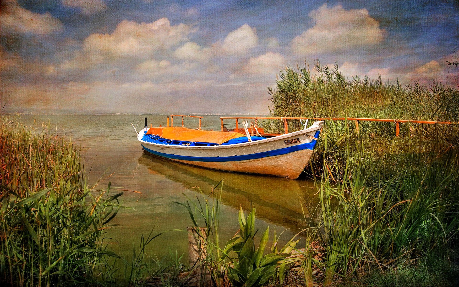 Обои небо, albufera natural park, вода, природа, лодка, растение, испания, холст, валенсия, the sky, water, nature, boat, plant, spain, canvas, valencia разрешение 2048x1281 Загрузить