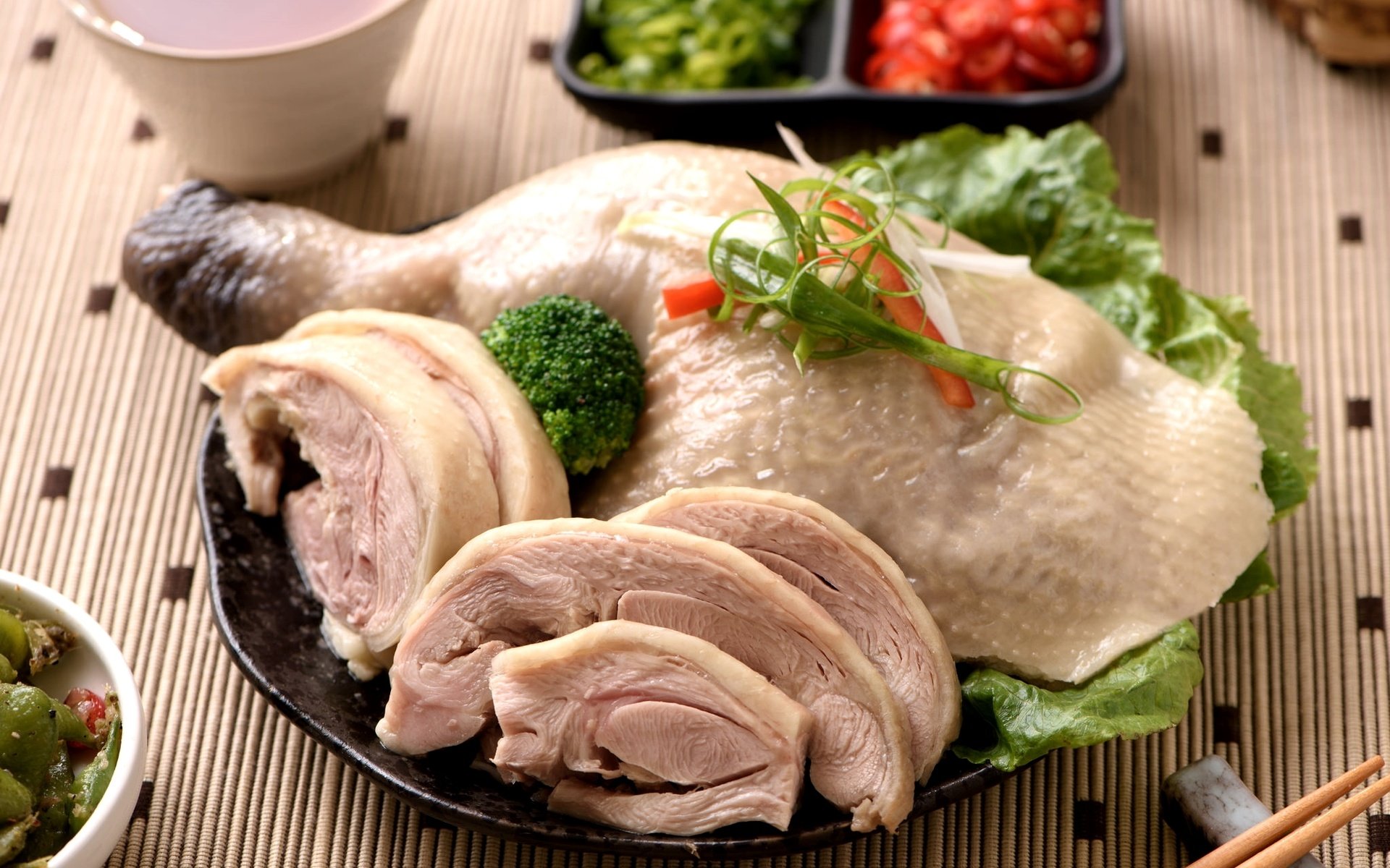 Обои зелень, мясо, курица, филе курицы, азиатская кухня, greens, meat, chicken, chicken fillet, asian cuisine разрешение 2048x1367 Загрузить