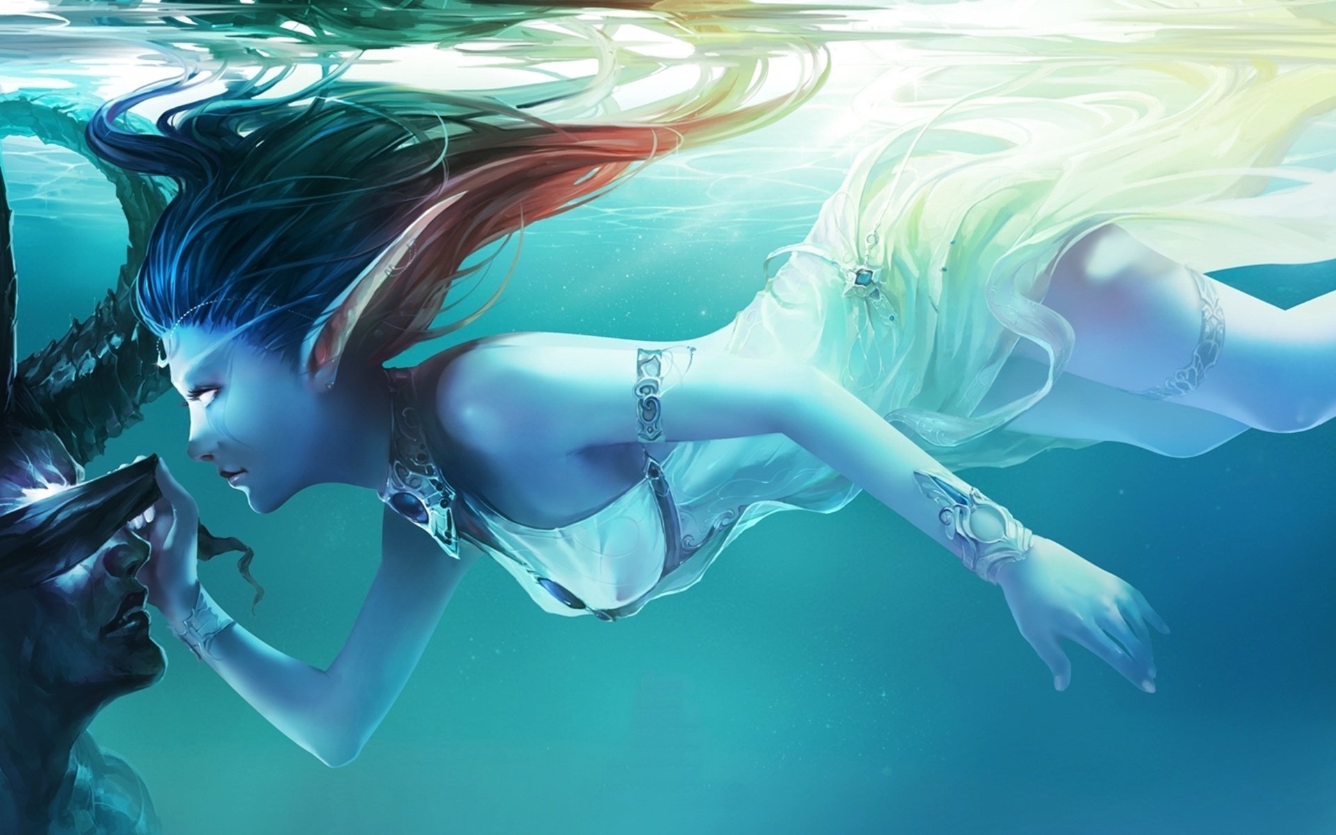 Обои девушка, взгляд, демон, под водой, волосы, эльф, синий фон, girl, look, the demon, under water, hair, elf, blue background разрешение 1944x1200 Загрузить
