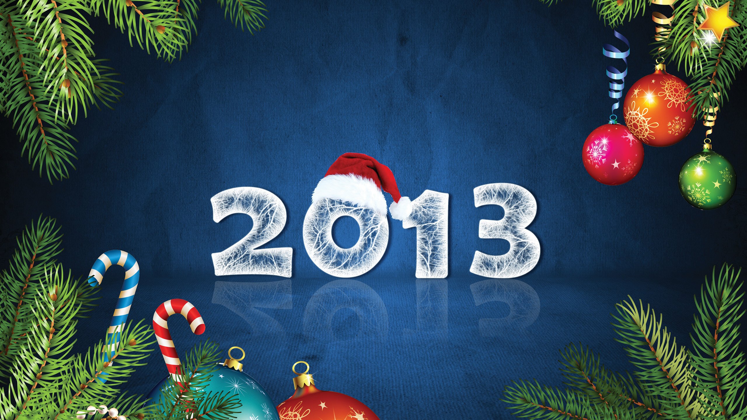 Обои новый год, цифры, шапка, праздник, елочные игрушки, 2013, новогодние игрушки, ветки елки, новогодний шар, christmas ball, new year, figures, hat, holiday, christmas decorations, christmas toys, tree branches разрешение 2560x1600 Загрузить