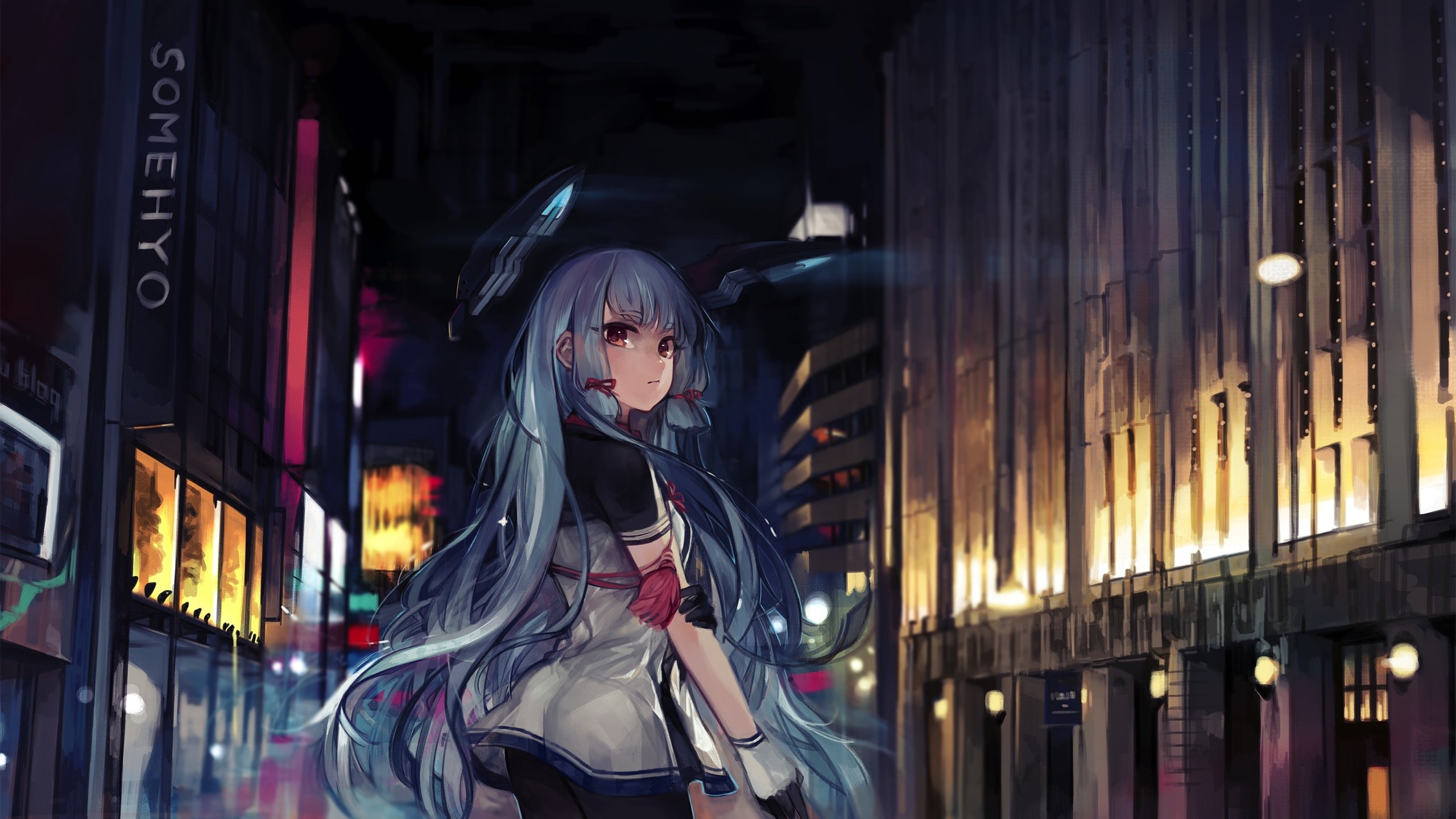 Обои голубые волосы, ноч, аниме девочка, kantai, blue hair, night, anime girl разрешение 3130x2139 Загрузить