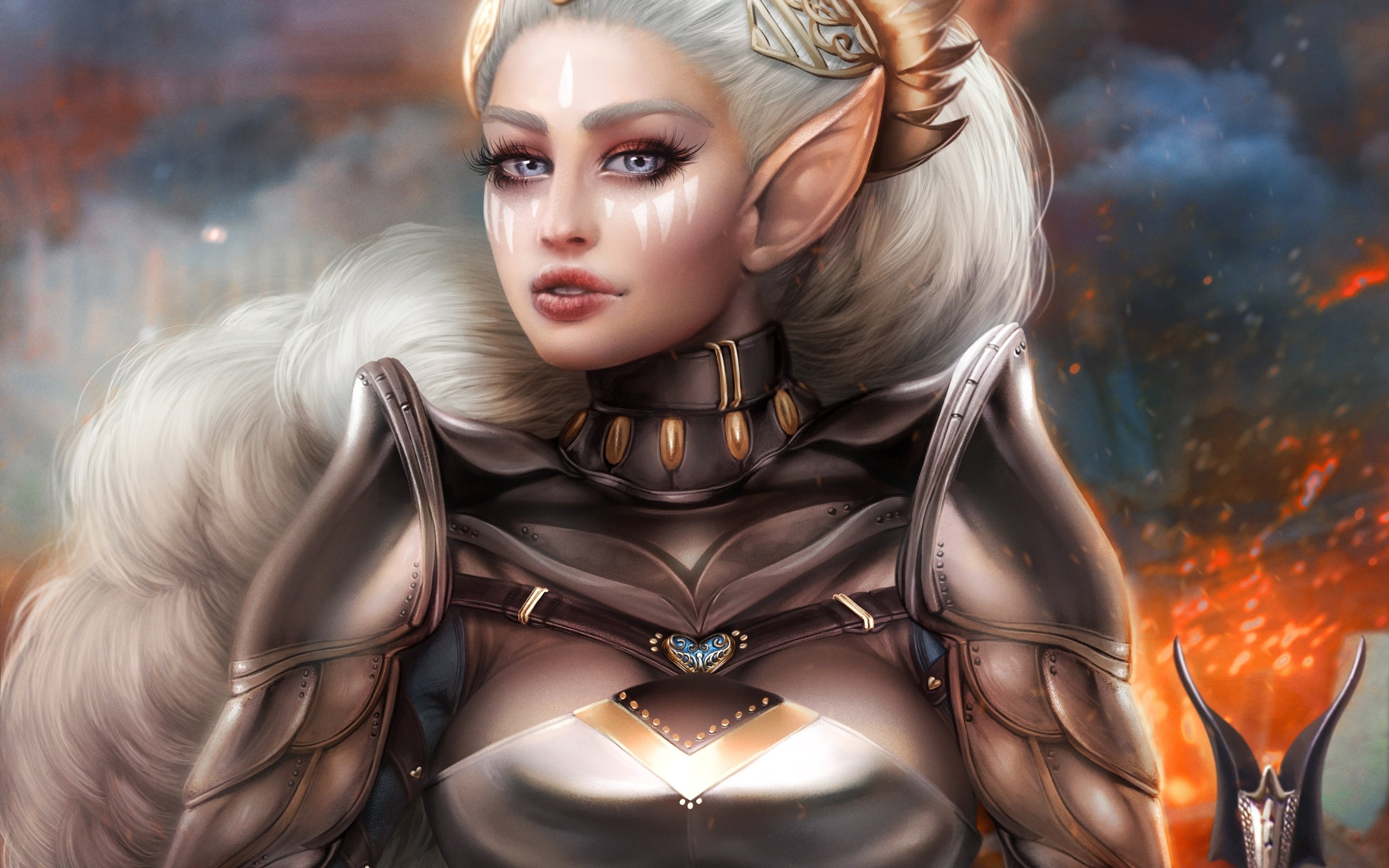 Обои девушка, воин, красавица, ушки, эльф, белые волосы, adalia, girl, warrior, beauty, ears, elf, white hair разрешение 5657x4220 Загрузить