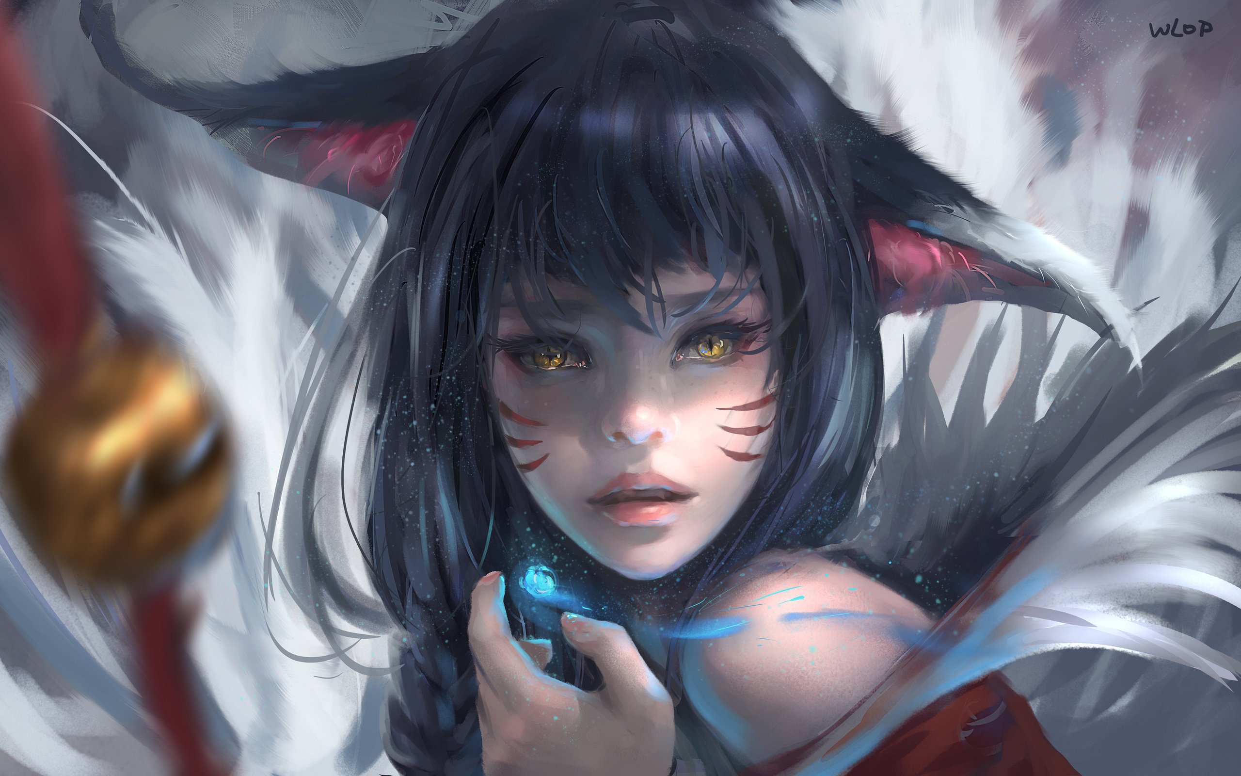 Обои арт, девушка, фэнтези, эльфийка, ahri, nine-tailed fox, лига легенд, wlop, wang ling, ари, art, girl, fantasy, elf, league of legends, hary разрешение 3840x2400 Загрузить