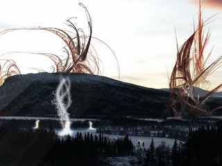 Обои горы, природа, абстракция, лес, свечение, черный, манипуляция, mountains, nature, abstraction, forest, glow, black разрешение 1920x1200 Загрузить