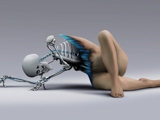 Обои девушка, ноги, череп, тело, киборг, скелет, грудная клетка, girl, feet, skull, body, cyborg, skeleton, chest разрешение 1920x1200 Загрузить