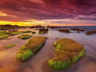 Обои скалы, камни, берег, закат, море, водоросли, rocks, stones, shore, sunset, sea, algae разрешение 2047x1246 Загрузить