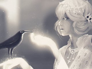 Обои украшения, девушка, птица, ворон, mr raven and miss death, neil gaiman, decoration, girl, bird, raven разрешение 2560x1314 Загрузить