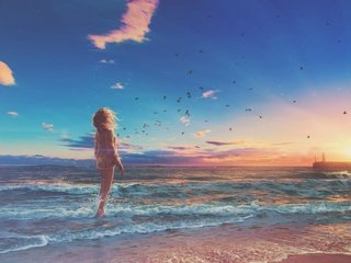 Обои берег, ветер, волны, закат, девушка, море, пляж, горизонт, птицы, shore, the wind, wave, sunset, girl, sea, beach, horizon, birds разрешение 2560x1440 Загрузить