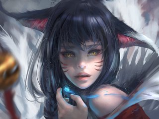 Обои арт, девушка, фэнтези, эльфийка, ahri, nine-tailed fox, лига легенд, wlop, wang ling, ари, art, girl, fantasy, elf, league of legends, hary разрешение 3840x2400 Загрузить