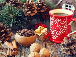 Обои новый год, рождество, елка, шишки, орехи, специи, ветки, корица, кофе, кружка, праздник, new year, christmas, tree, bumps, spices, nuts, branches, cinnamon, coffee, mug, holiday разрешение 1920x1200 Загрузить