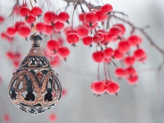 Обои ветка, новый год, ягоды, рождество, рябина, елочная игрушка, branch, new year, berries, christmas, rowan, christmas toy разрешение 1920x1200 Загрузить