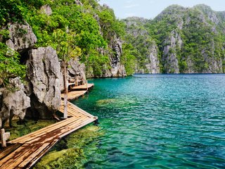 Обои скалы, природа, море, остров, тропики, мостки, филиппины, rocks, nature, sea, island, tropics, bridges, philippines разрешение 2560x1600 Загрузить
