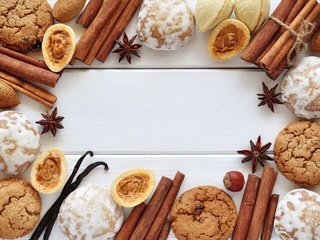 Обои орехи, корица, рождество, печенье, выпечка, пряники, бадьян, nuts, cinnamon, christmas, cookies, cakes, gingerbread, star anise разрешение 2880x1800 Загрузить