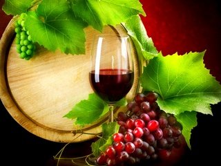 Обои листья, виноград, бокал, вино, бочка, красное, leaves, grapes, glass, wine, barrel, red разрешение 1920x1200 Загрузить