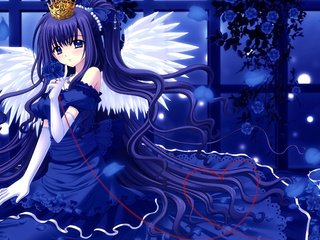 Обои голубые глаза, цветы, ленты, украшения, синие волосы, девушка, платье, длинные волосы, розы, крылья, аниме, ангел, blue eyes, flowers, tape, decoration, blue hair, girl, dress, long hair, roses, wings, anime, angel разрешение 2560x1600 Загрузить