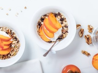 Обои орехи, персики, завтрак, мюсли, nuts, peaches, breakfast, muesli разрешение 5456x3637 Загрузить