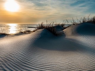 Обои небо, берег, закат, море, песок, горизонт, дюны, the sky, shore, sunset, sea, sand, horizon, dunes разрешение 3840x2160 Загрузить