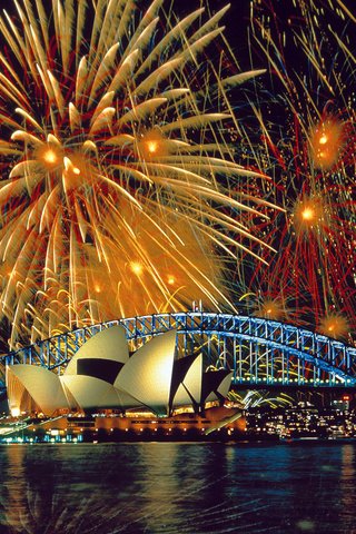 Обои ночь, новый год, море, мост, сидней, австралия, фейерверк, сиднейский оперный театр, night, new year, sea, bridge, sydney, australia, fireworks, sydney opera house разрешение 1920x1200 Загрузить