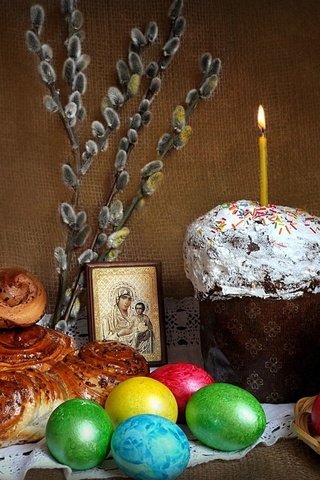 Обои свеча, православие, пасха, яйца, праздник, верба, кулич, булочки, сдоба, candle, orthodoxy, easter, eggs, holiday, verba, cake, buns, muffin разрешение 1920x1080 Загрузить