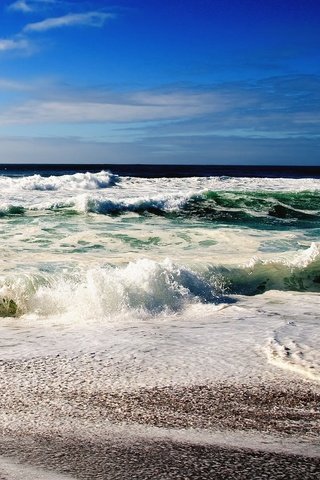 Обои небо, берег, волны, море, горизонт, океан, прибой, камешки, the sky, shore, wave, sea, horizon, the ocean, surf, pebbles разрешение 2560x1600 Загрузить