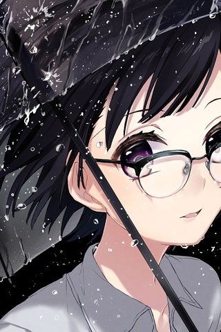 Обои очки, дождь, зонтик, короткие волосы, аниме девочка, meganekko, glasses, rain, umbrella, short hair, anime girl разрешение 2374x1378 Загрузить