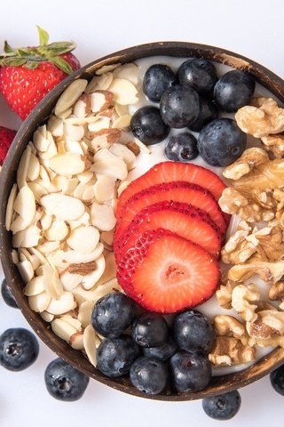 Обои орехи, ягоды, завтрак, йогурт, овсянка, nuts, berries, breakfast, yogurt, oatmeal разрешение 2046x1380 Загрузить