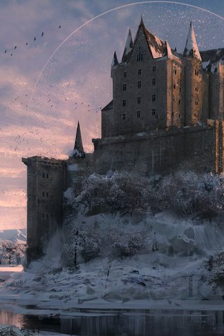 Обои арт, река, зима, замок, птицы, konstantinos skenteridis, art, river, winter, castle, birds разрешение 1920x1232 Загрузить