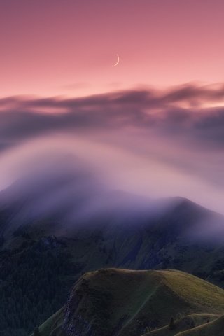 Обои вечер, горы, туман, месяц, the evening, mountains, fog, a month разрешение 2048x1367 Загрузить