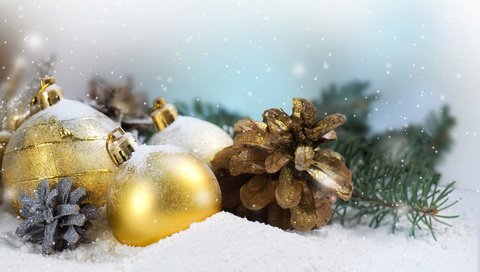Обои снег, елка, шары, зима, праздник, рождество, шишки, snow, tree, balls, winter, holiday, christmas, bumps разрешение 1920x1200 Загрузить