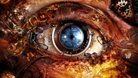 Обои глаз, линза, механизм, стимпанк, eyes, lens, mechanism, steampunk разрешение 2048x1371 Загрузить