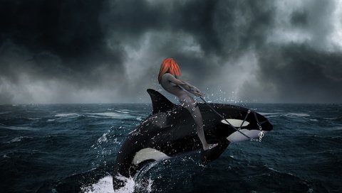 Обои девушка, касатка, прыжок, рыжая, girl, whale, jump, red разрешение 1920x1197 Загрузить