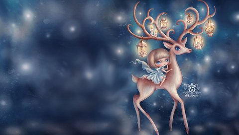 Обои олень, синий, девочка, deer, blue, girl разрешение 1920x1200 Загрузить