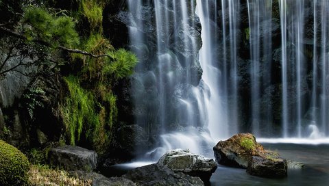 Обои камни, хвоя, водопад, поток, stones, needles, waterfall, stream разрешение 1920x1200 Загрузить