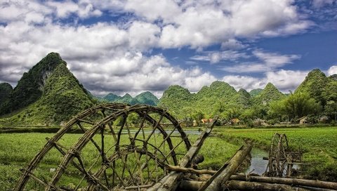 Обои горы, мельница, село, mountains, mill, village разрешение 1920x1200 Загрузить